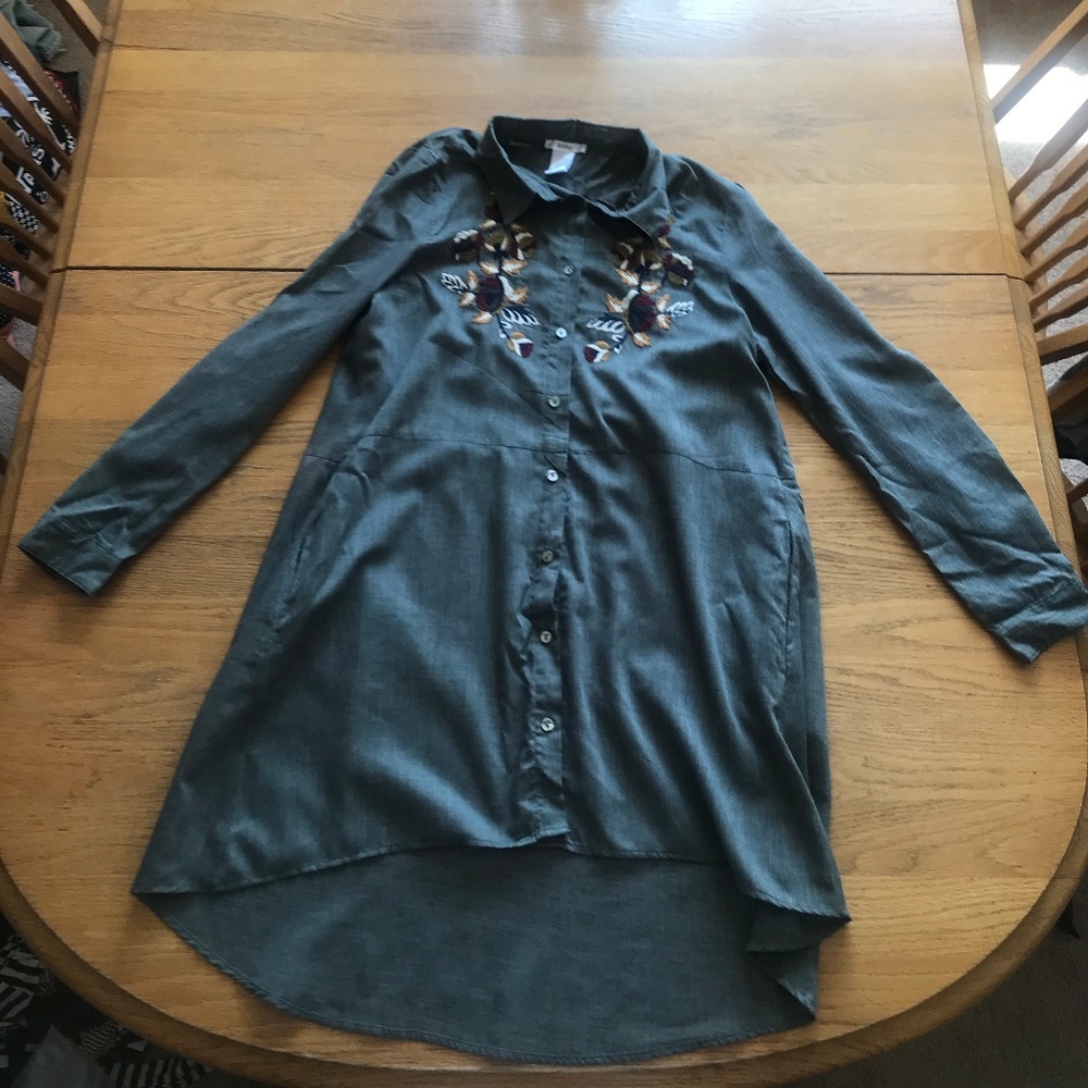 Green Embroidered High Low Shirt Dress